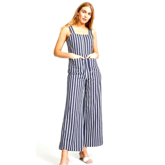 ROLLA'S Sailor Stripe Wide Leg Jumpsuit Overalls Patch Pocket Blue White Sz 12 L - Picture 12 of 16
